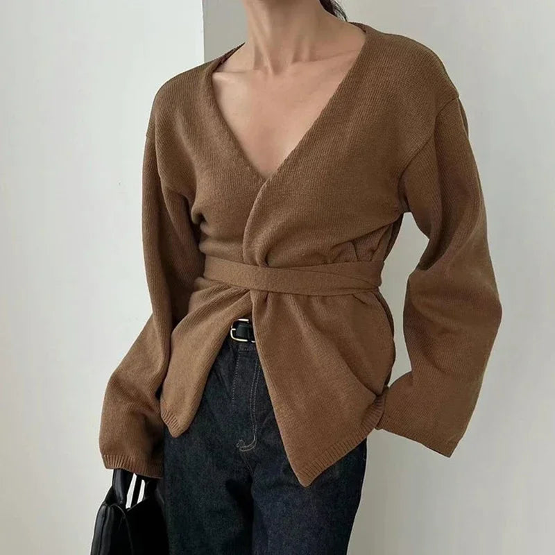 maoxiangshop - Elegant Knitted Cardigan With Belt Women Casual V-neck Long Sleeve Loose Sweater 2024 Autumn New Office Lady Lazy Tops Knitwear
