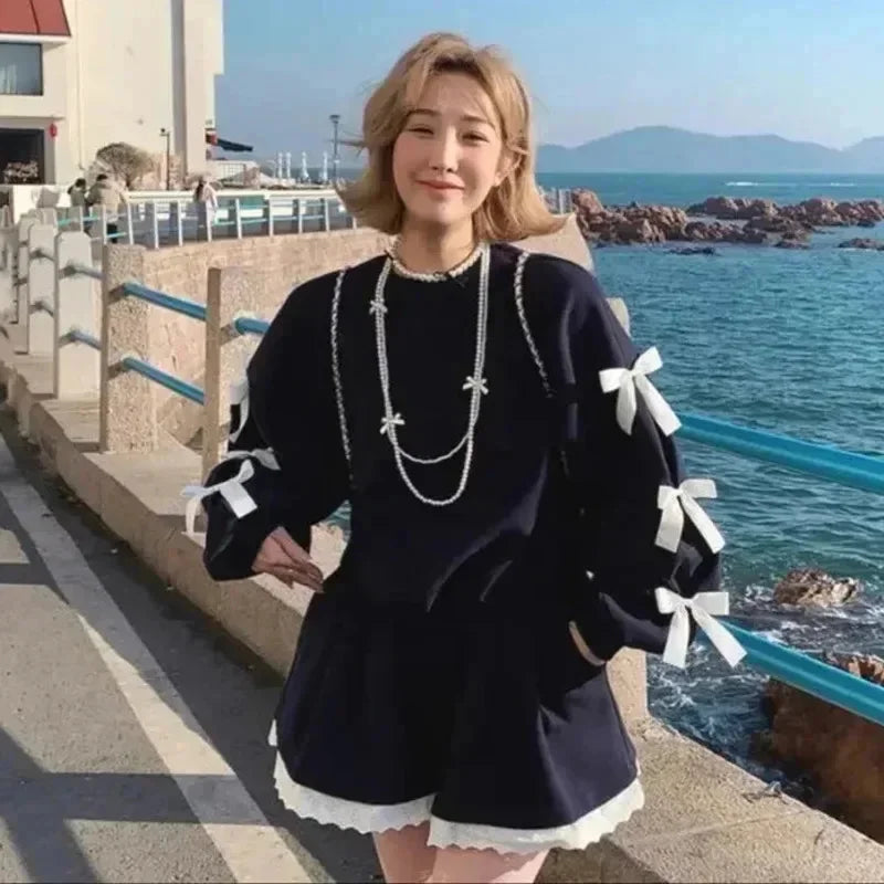 maoxiangshop - Korean Style Bow Design Sweatshirt Top Women Autumn New Casual Loose 2024 Fashion Long Sleeved Round Neck Suit K Pop Clothes