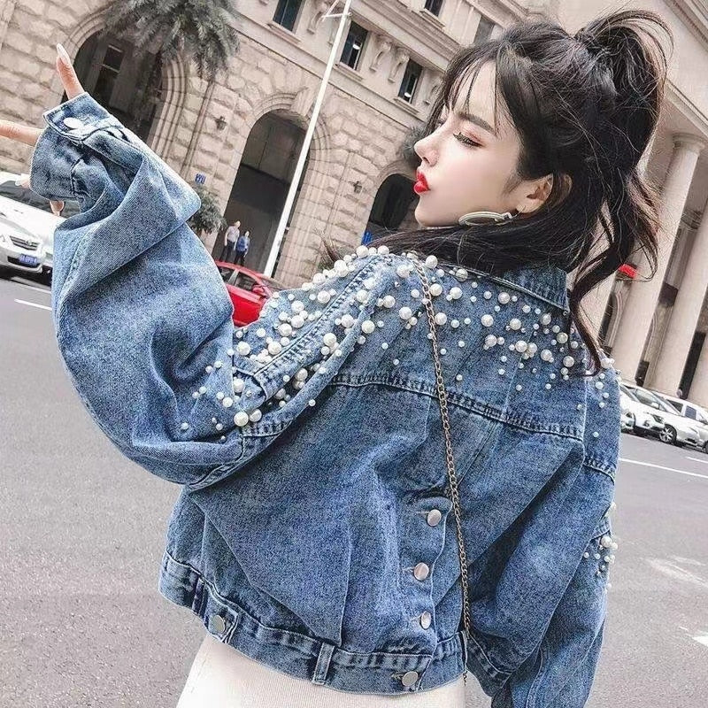 maoxiangshop Autumn Denim Jacket Women Hand-studded Pearls Punk Tassel Veste Femme Loose Short Jeans Coats Chaquetas Mujer Streetwear