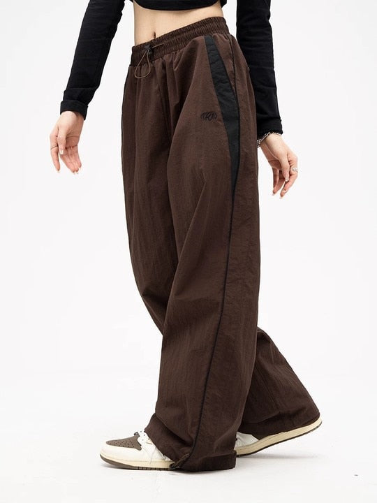 maoxiangshop1 Women Spring Retro Solid Loose Drawstring Trousers Casual Joggers Baggy Wide Leg Sweatpants Mid Waist Sporty Y2k Female Clothes