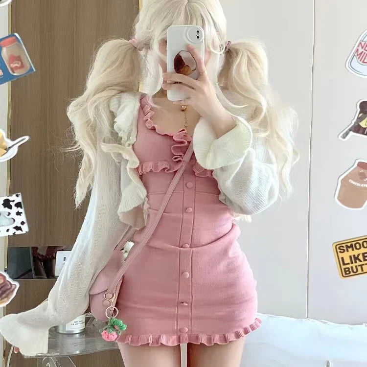 maoxiangshop-Y2K Clothes 2 Piece Sets Womens Outfits Cropped Sweater Cardigan Coat Backless Ruffles Bodycon Mini Dress Suit Knit Korean Set
