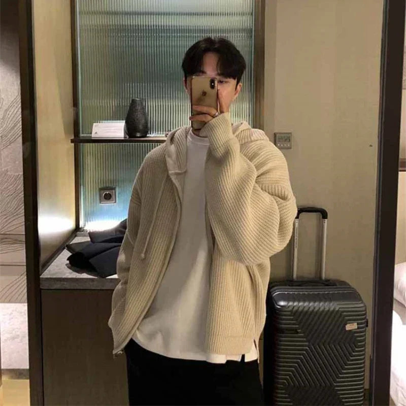 maoxiangshop Winter Sweater Cardigan Men Warm Oversized Knitted Hooded Sweater Coat Men Korean Loose Cardigan Sweater Mens Jumper Clothes