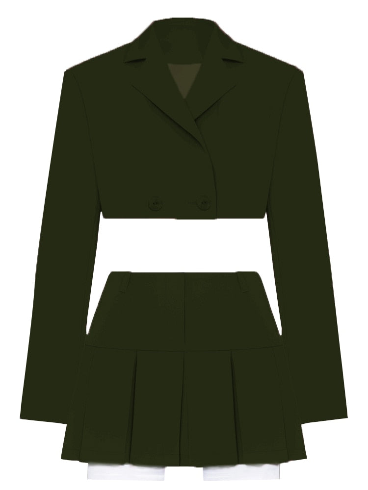 Taruxy Fall Women Blazer Suit Two Piece Sets Turn-down Collar Blazers Tops And Pleated Skirts Femme High Street Y2K Outfits