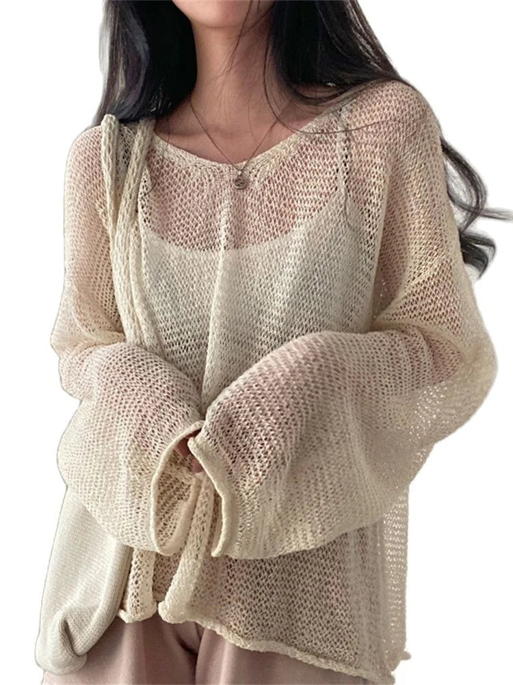 maoxiangshop-New Women Fashion Casual Streetwear Lazy Style Full Sleeves Jumpers Tops Hollow Out Sexy Women Chic Femme Sweaters Pullovers