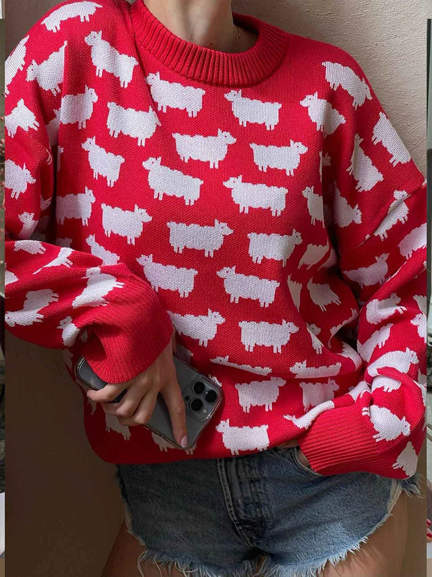 maoxiangshop - Elegant Women Sheep Printing Sweater Warm Knitted Classic O-Neck Pullover Tops Autumn Winter 2024 Streetwear Sweater