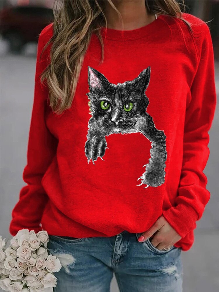 maoxiangshop Autumn and Winter New Solid Color Women's Fashion 3D Cat Print Round Neck Top Hoodie Long Sleeve Fashion Versatile Casual Hoodie