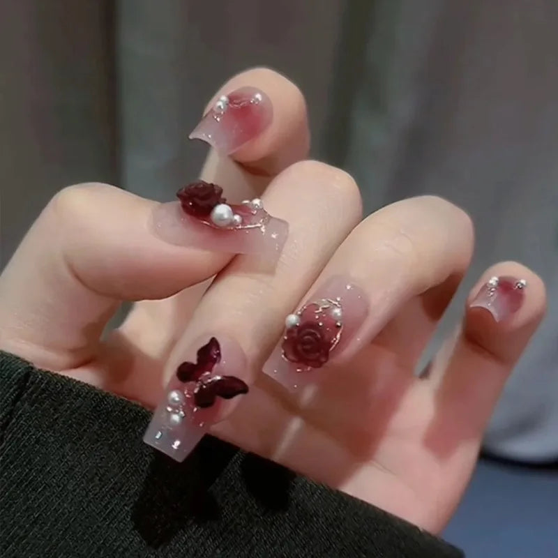 maoxiangshop 24pcs Wearable Pink Press On Fake Nails Tips With Glue false nails design Butterfly Lovely Girl false nails With Wearing Tools
