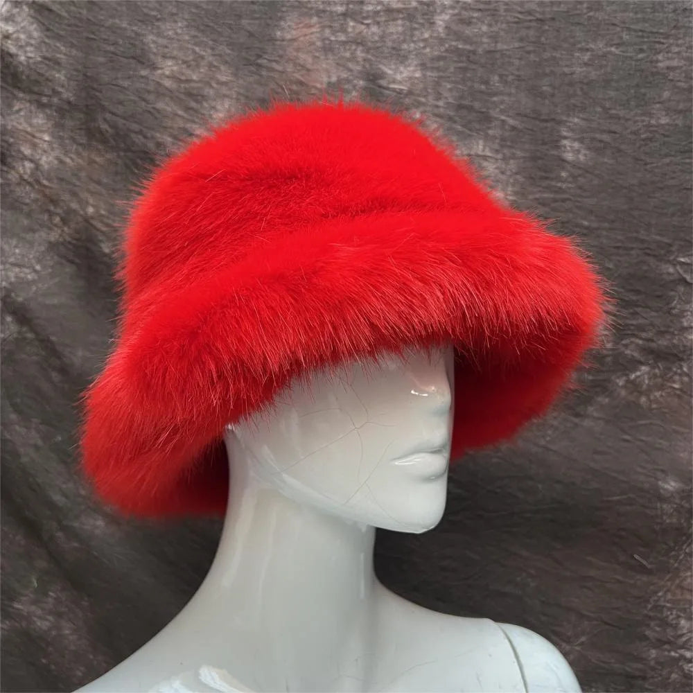 maoxiangshop - Luxury Ins Hot Y2k Girls Faux Fox Fur Bucket Hat Women Winter Warm Rabbit Fur Plush Fisherman Hat Cap Festival Party Ski Panama