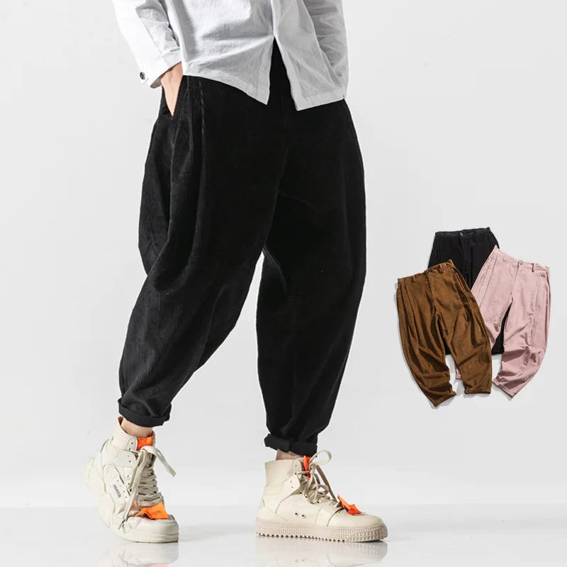 maoxiangshop Vintage Corduroy Pants Men Harajuku Japanese Pink Retro Streetwear Black Trousers Male Oversize Men's Casual Loose 5XL