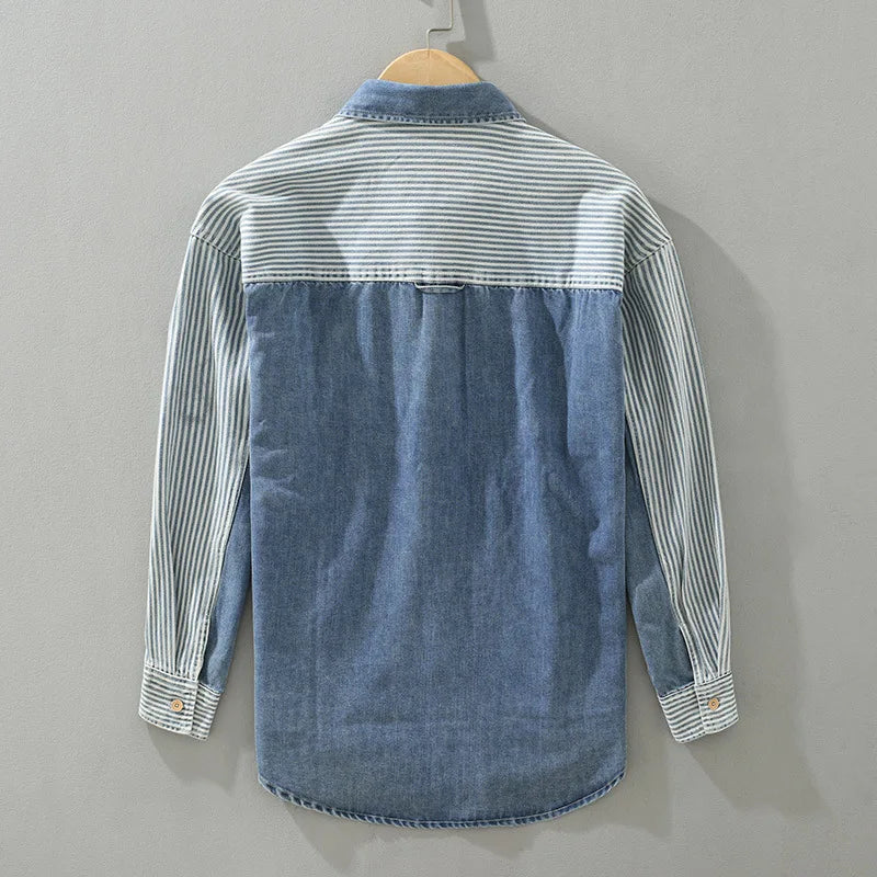 maoxiangshop New Men's Denim Shirts Spring High Street Loose Long Sleeves Jean Tops Stripe Patchwork Designer Shirt Youth Fashion Overshirt