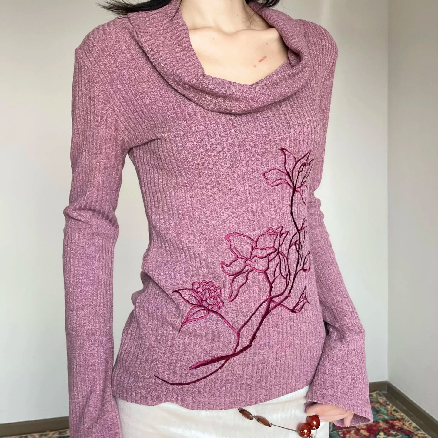 maoxiangshop - Swinging Collar Off Shoulder Purple Embroidered Sweater for Women Autumn Spicy Girls Slim Fit High End Knitted Shirt Women Tops