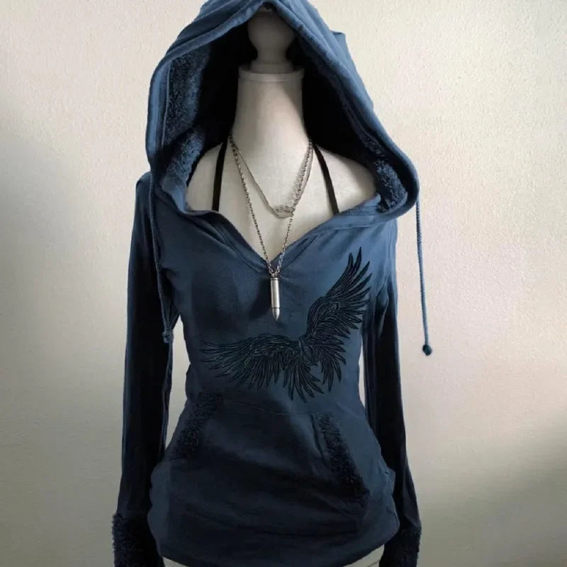 maoxiangshop - American Gothic Y2K Print Pattern Blue Lamb Wool Hoodies Women Autumn Retro Millennial Hot Girl Slim Harajuku Street Casual Top