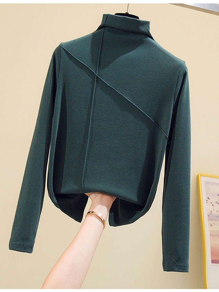 maoxiangshop Long Sleeve Thick T Shirt Women Winter Tops Turtleneck Warm T-Shirt Korean Cotton Tshirt Woman Tee Shirt Femme Pink Blue