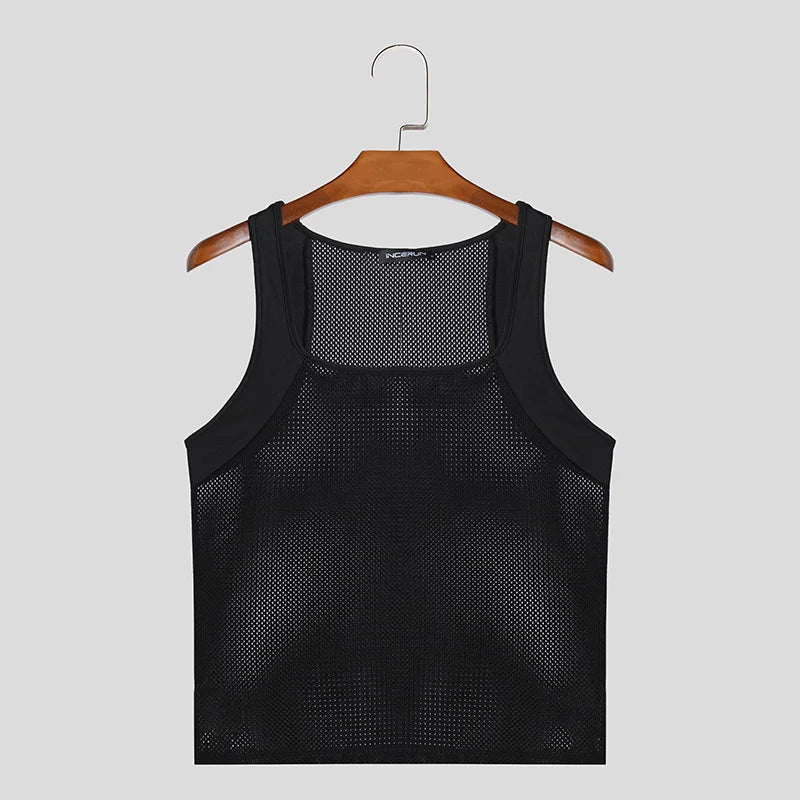 maoxiangshop 2024 Men Tank Tops Patchwork O-neck Sleeveless Skinny Male Vests Streetwear Hollow Out Summer Fashion Men Clothing S-5XL