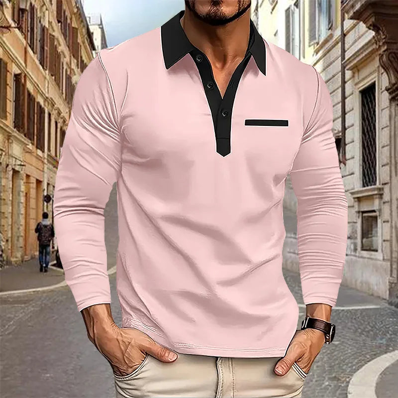 maoxiangshop 2024 Autumn Men's Polo Shirt Lapel Pocket T-shirt Men's Breathable Business Casual Long sleeved