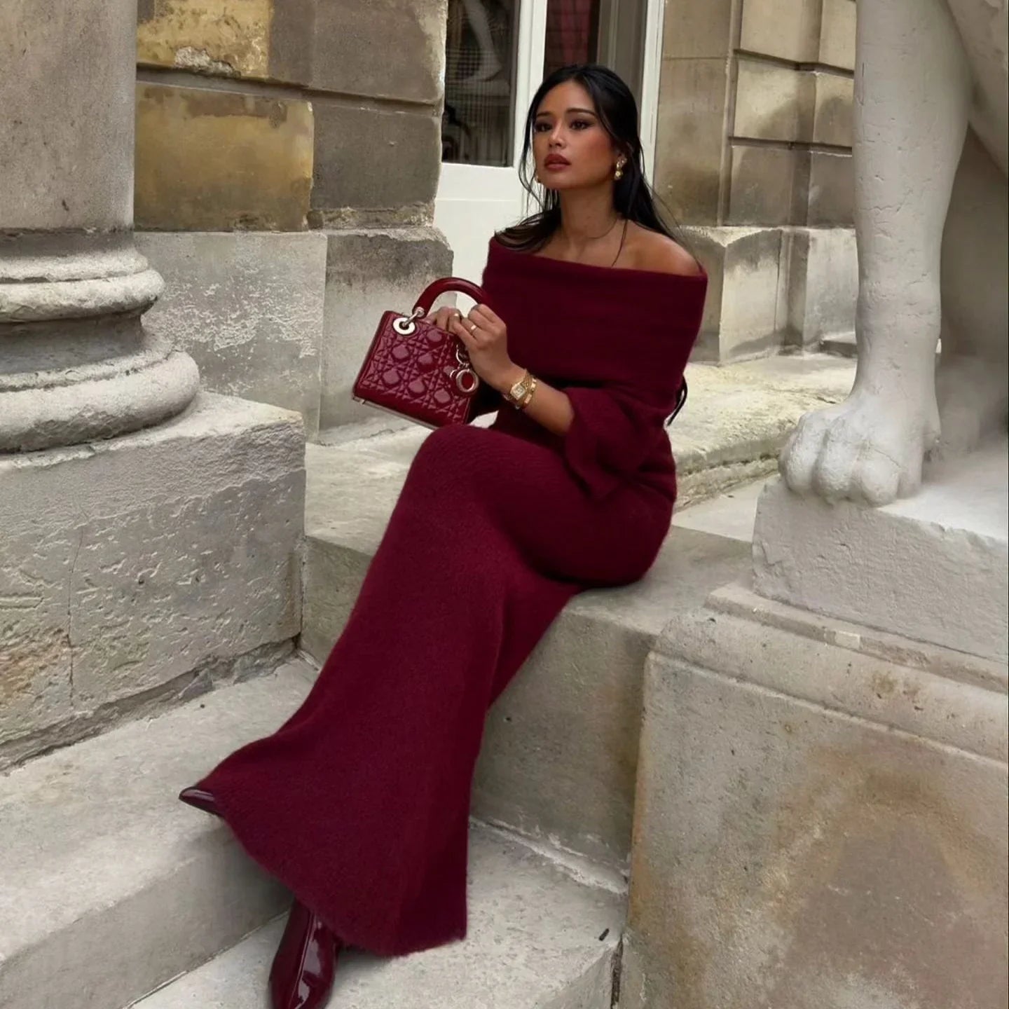 maoxiangshop - Elegant Red Off Shoulder Pleated Knit Maxi Dress For Women Chic Slash Neck Backless Long Sleeve Robe 2024 Autumn Lady Party Gown