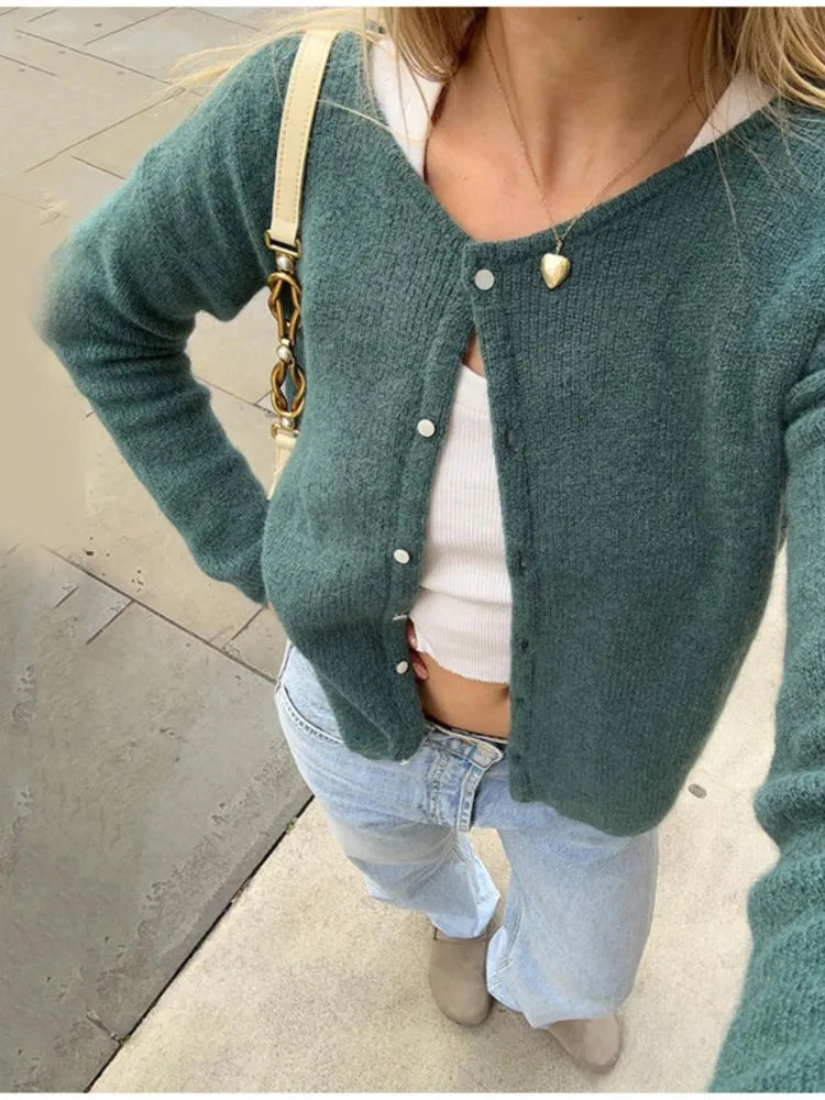 maoxiangshop - Women Fashion Solid Buttons Cardigan Chic O Neck Single Breasted Long Sleeve Sweater Autumn Female Highstreet Lady Knitwear
