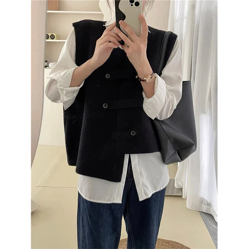 Irregular Sweater Vest Women Preppy Solid Chic Button Knit Waistcoat Korean Office Lady Elegant Knitwear Casual Top New