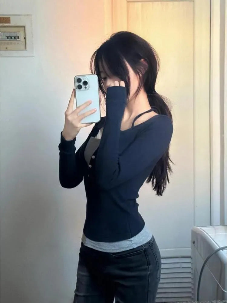 maoxiangshopJapanese Hrajuku Crop Tops Y2k Aesthetics Long Sleeve Patchwork T-shirt Grunge Slim TShirt Kawaii Fairycore 2000s Clothes E-girl