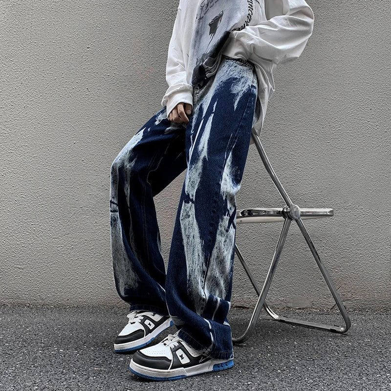 maoxiangshop Tie-dye Jeans Men High Street Straight Denim Pants Men Baggy Fashion Trend Jean Pants Mens Wide-leg Trousers BF Clothing