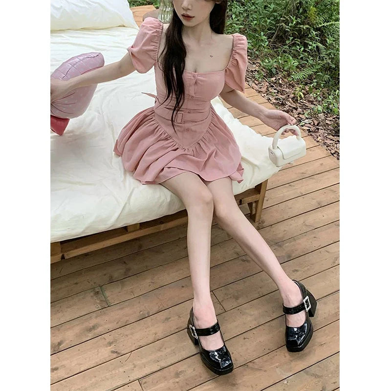 maoxiangshop - Y2K Pink Mini Dress Women Sweet Belt Square Collar One Pieces Dresses Party Prom Korean Cute Puff Sleeve Bodycon A Line Vestidos