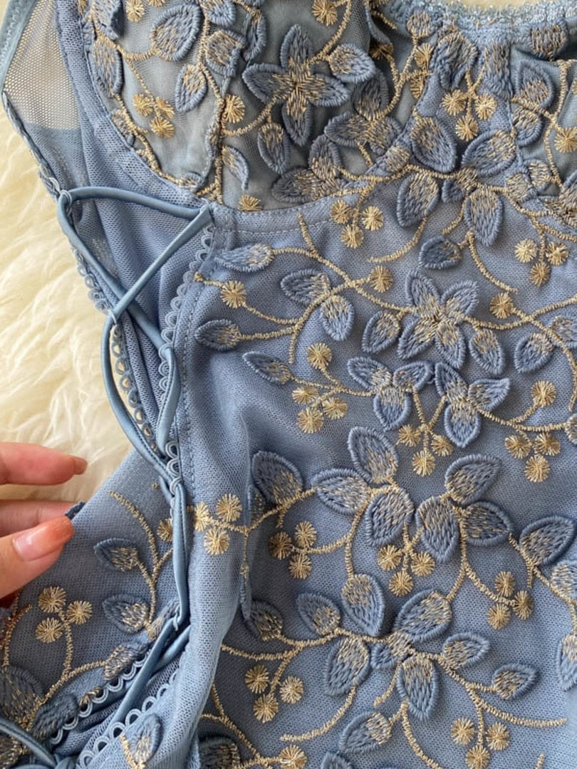 maoxiangshop Sexy See Through Mesh Patchwork Flowers Embroidery Bodysuit Women Adjustable Spaghetti Strap Padded Lace Up Bandage Body Suits