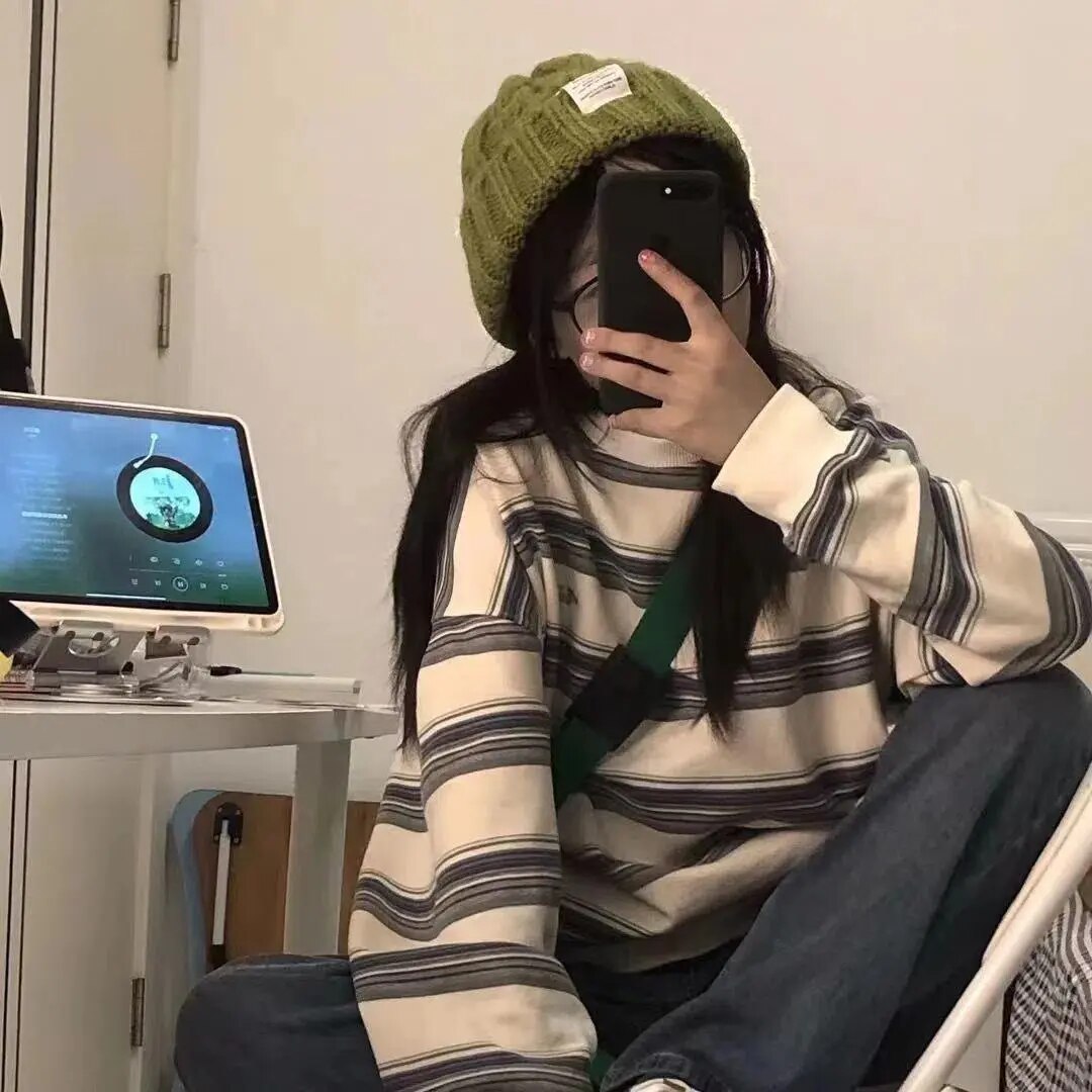 maoxiangshop Oversized Striped Pullover Sweatshirt Women Crew Neck Y2K Vintage Grunge Aesthetic Streetwear