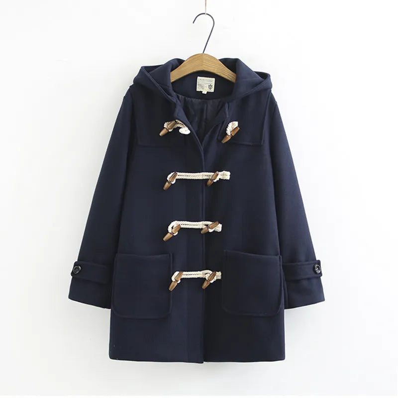 maoxiangshop Double Row Horn Buckle Coat Hooded Women Autumn Clothing Winter Casual Solid Thicken Button Jacket College Style