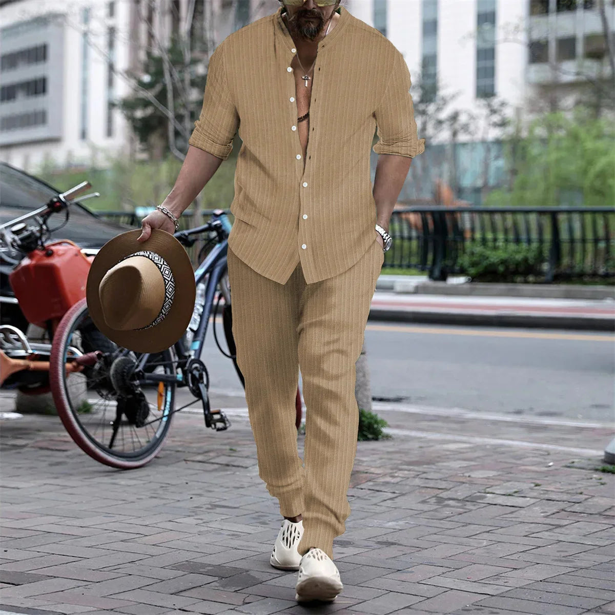 maoxiangshop Autumn Casual Simple Style Mens Sets Long-shirts Long Pants Solid All-match Henry Collar Striped Two-piece Sets S-3XL