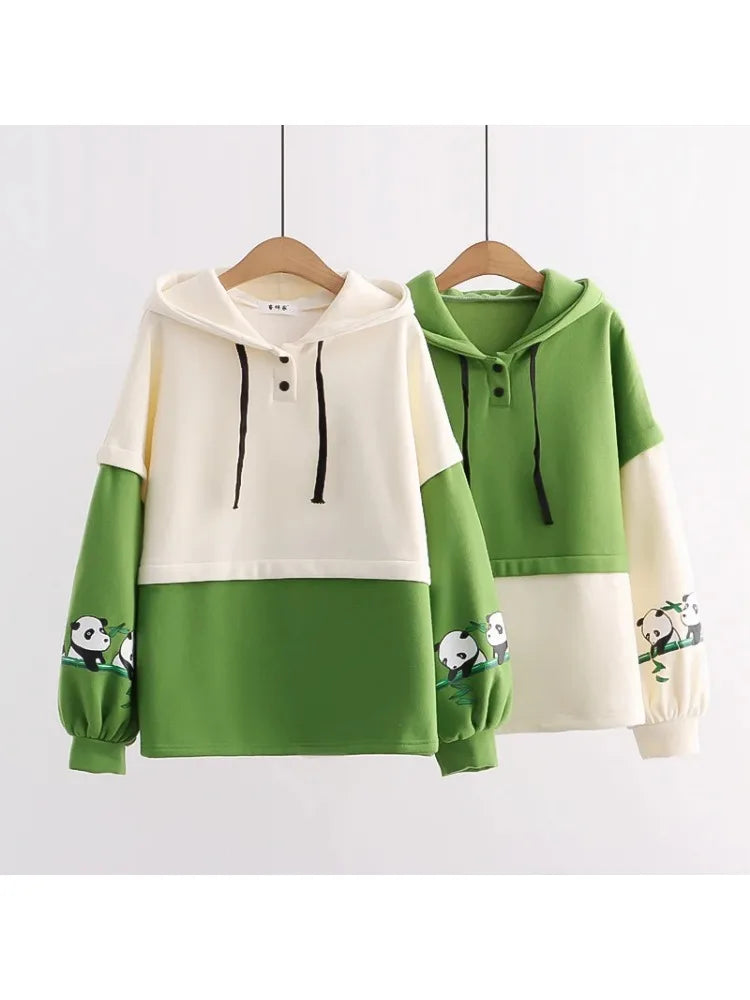 maoxiangshop Kawaii Panda Embroidery Fleece Women Hoodies Patchwork Drawstring Hooded Sweatshirt Winter Female Pullover Cute Tops