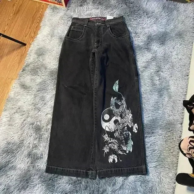 Jeans New Harajuku Hip Hop Retro Skull Graphic Embroidered Baggy Jeans Denim Pants Men Women Goth High Waist Wide Trousers