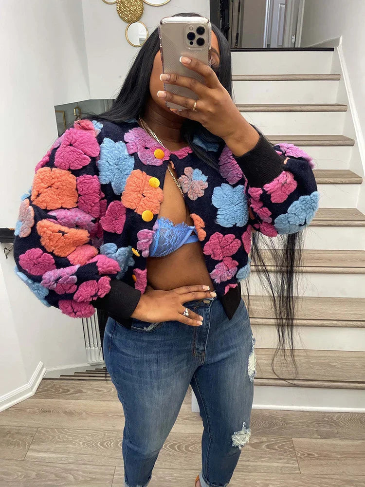 maoxiangshop Cotton Rib Knit Sweater For Woman 3D Flower Single-breasted Cardigan Coat Street Temperament Casual Pull Hiver Femme