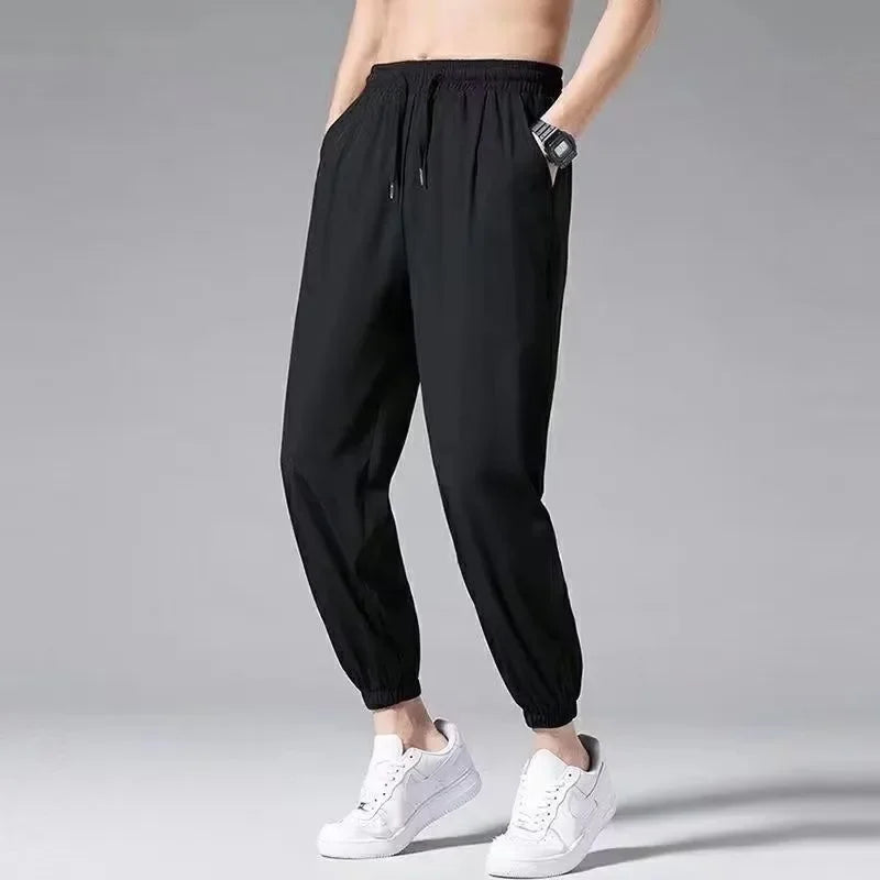 maoxiangshop Men's Summer Thin Ice Silk Quick Dry New Loose Sports Trend All Tie Feet Casual Pants Sweatpants 90s Vintage Clothes