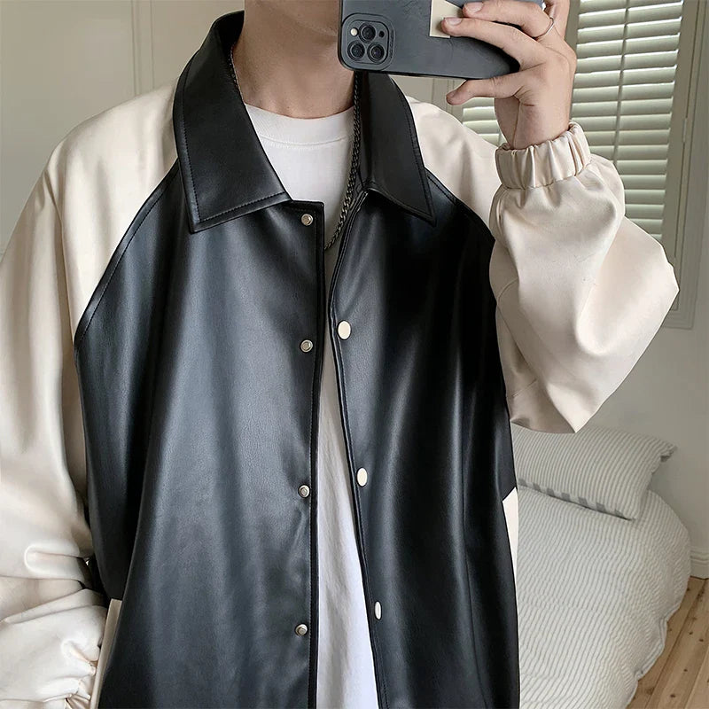 maoxiangshop Clashing Color Splicing Leather Jacket Autumn Trend American Mens Jacket Coat Loose Casual Lapel Tops Men Women Clothing