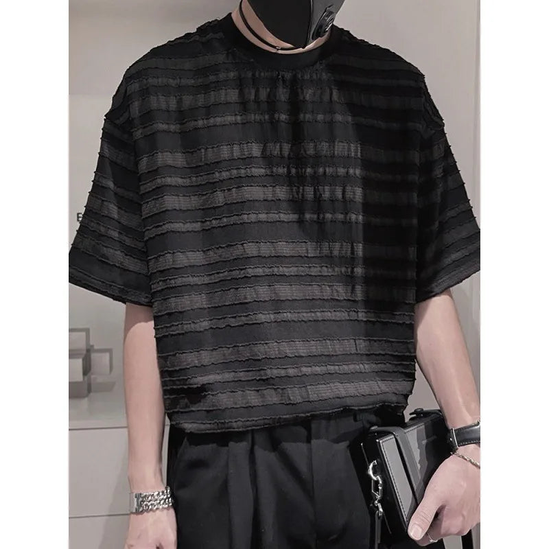 maoxiangshop Striped Mesh T-shirts for Men Beach Short Sleeve Tee Male Summer Translucent Breathable Tops O-neck Casual Streetwear
