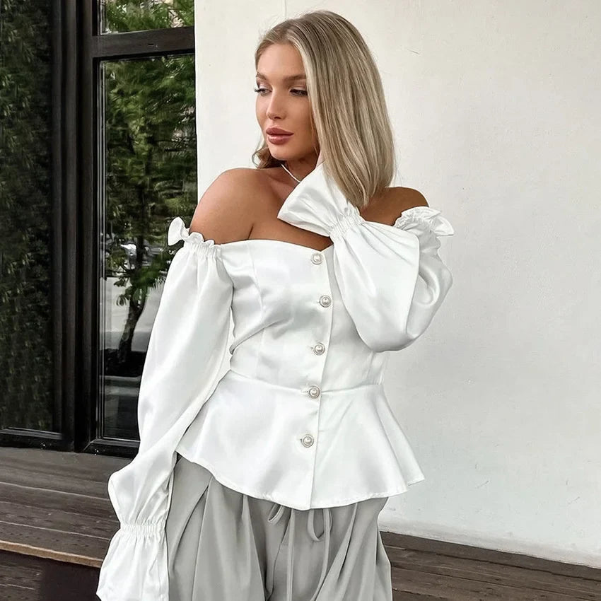 maoxiangshop - Elegant Women Shirt 2024 Autumn Winter Satin shirt White Ruffle Hem Buttoned Off Shoulder Strap Long Sleeve Slim Fit Blouse