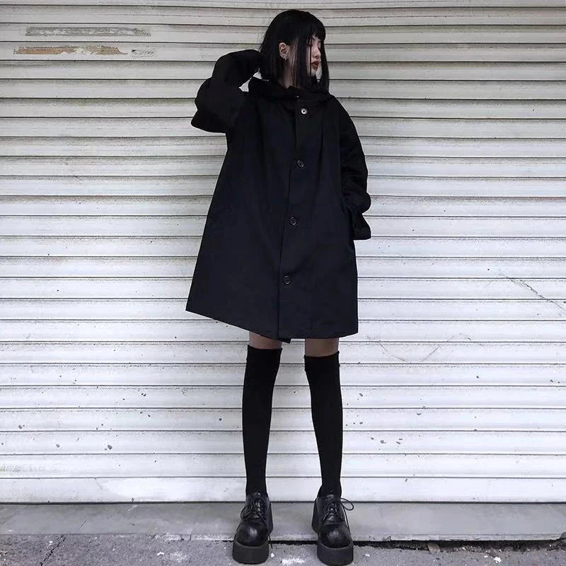 Harajuku Black Jacket Women Dark Academic Long Sleeve Loose Hooded Midi Outwear Bf Streetwear Oversized Casual Capes Coats