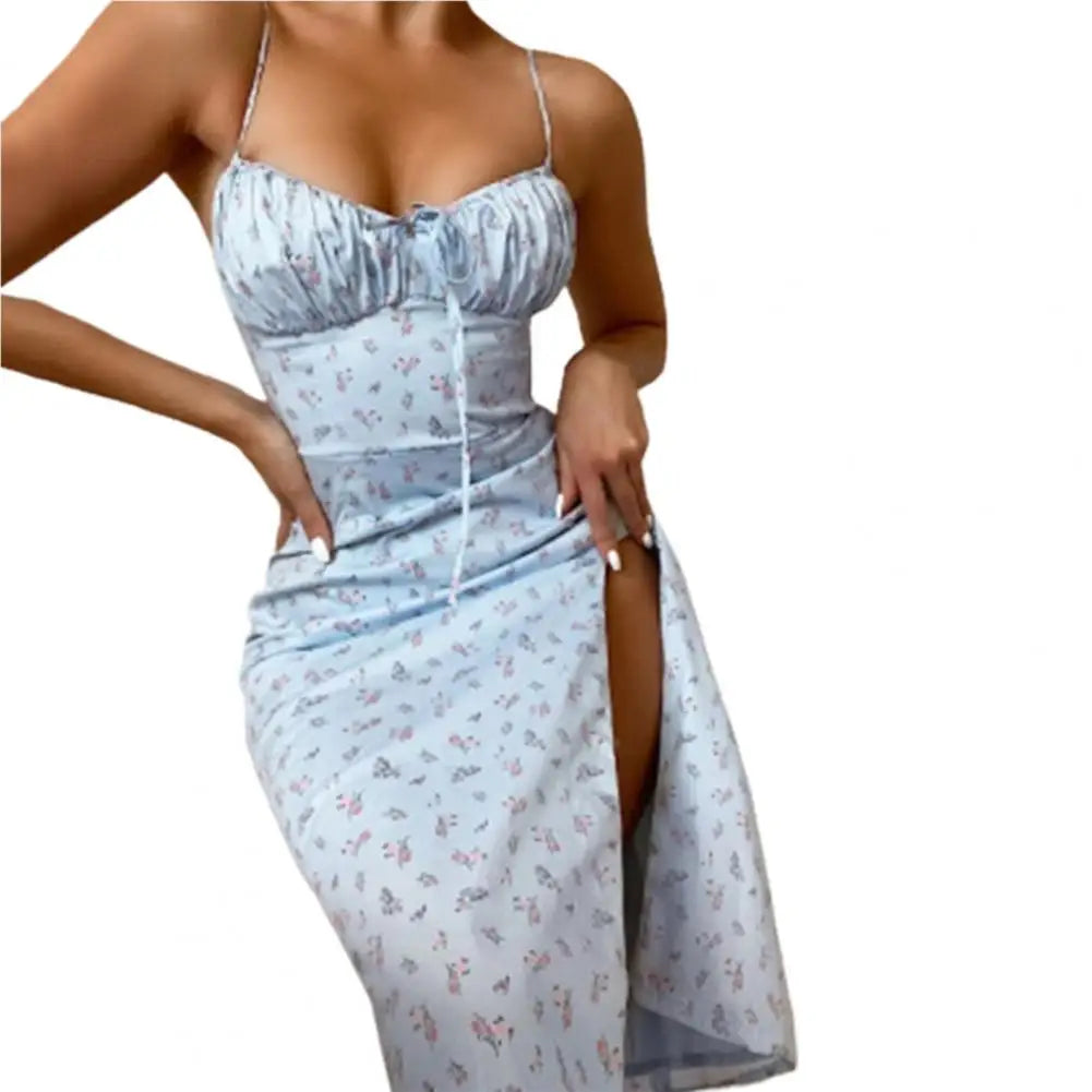maoxiangshop-2024 New Summer Women's Sexy Slim Fit Sleeveless High Waist Fashion Floral Fold Lace Up Split Hanging Strap Floral Print Dress