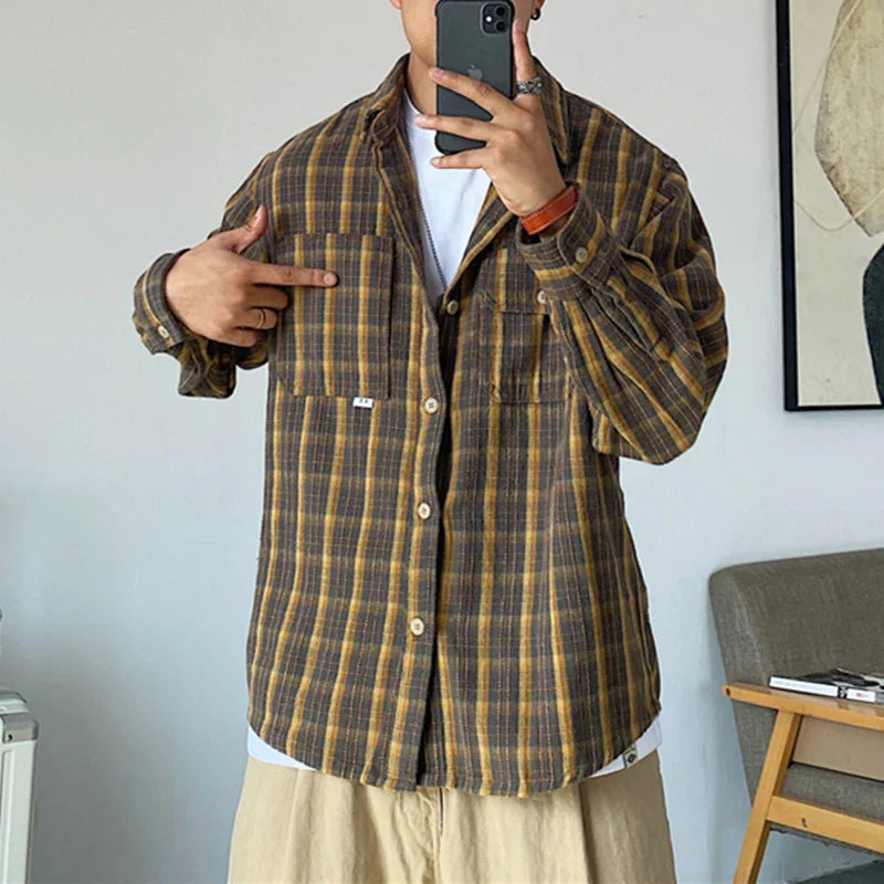 maoxiangshop Spring Autumn Korean Style Casual High Quality Khaki Plaid Shirt Men Clothing Harajuku Coats Japanese Streetwear Vintage Clothes
