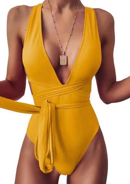maoxiangshop Fashion Sexy Plunging Swimsuit One Piece Swimwear Women Summer Backless Bathing Suit Women Belted Swimming Suit for Women Bakini