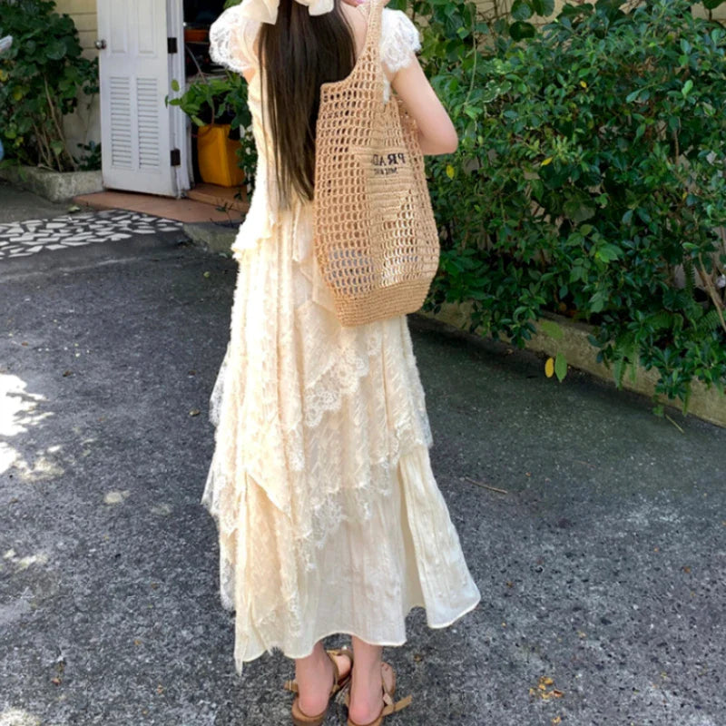maoxiangshop Elegant Lace Ruffle Woman Dresses Midi Short Sleeves One Piece Korean Dress Vintage Floral Holiday Summer Vacation Chic