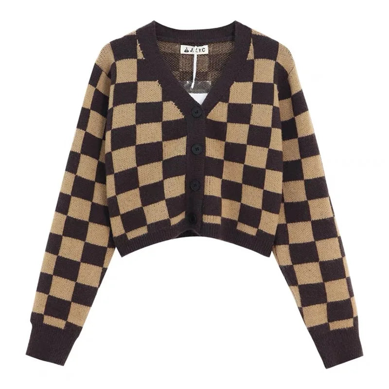 maoxiangshop Checkerboard Crop Cardigan V-neck Button Up Knitted Sweaters Women Autumn Winter Outfit