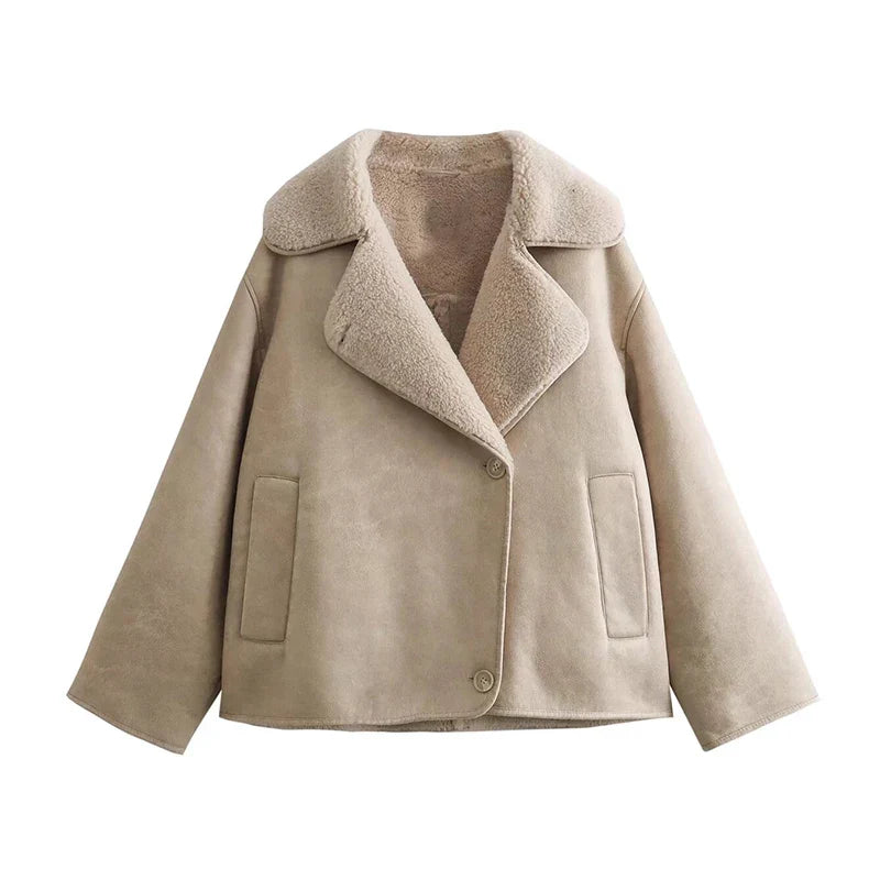 maoxiangshop - Thick Faux Leather Jackets for Women Autumn Winter Warm Jackets Woman 2024 Faux Wool Coats Long Sleeve Oversized Jacket
