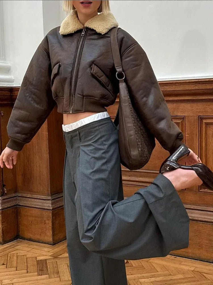 maoxiangshop - Chic Long Sleeve Lapel Double Side Motorcycle Coat Fashion Warm Pocket Zipper Jackets Autumn Winter Woman High Street Coats