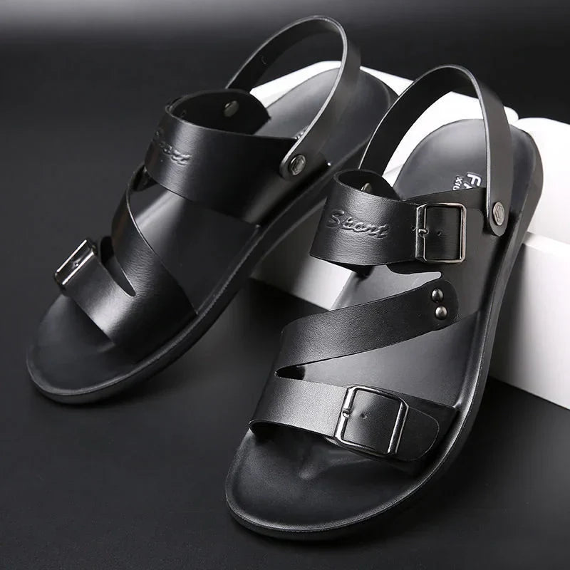maoxiangshop Comfortable Men's Sandals Solid Color Open Toe Mens Leather Sandals New Slippers Beach for Male Leather Footwear