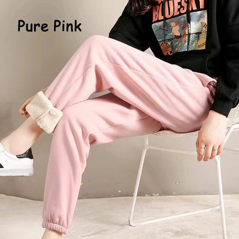 maoxiangshopWinter Thick Fleece Leggings Women Casual Harlan Pants Versatile Straight Pants Trendy Ankle-Length Trousers Warm Sweatpant
