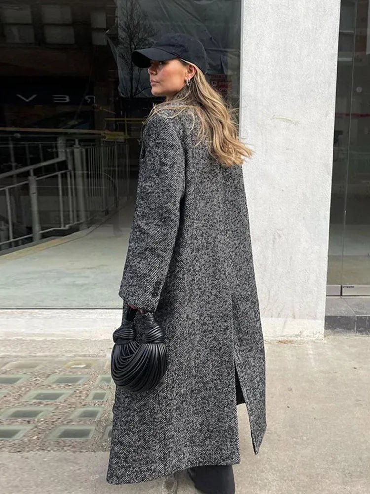 maoxiangshop - Elegant Gray Long Coat Women Woolen Double Breasted Turn-down Collar Oversize Thick Outwear 2024 Autumn Chic Casual Overcoat