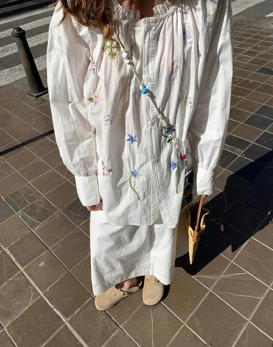 maoxiangshop - Chic Cute Floral Embroidery Blouse Women+Long Skirts Set Cotton Ruffle O-neck Blouse Woman Suit Loose Skirts Vacation Outfit