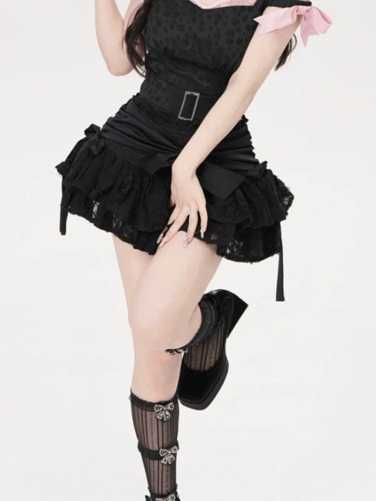 maoxiangshop Gothic Lolita Skirt Women Japanese 2000s Style Y2k Lace Patchwork Bow Sexy Vintage Extreme Mini Skirt Spring Summer
