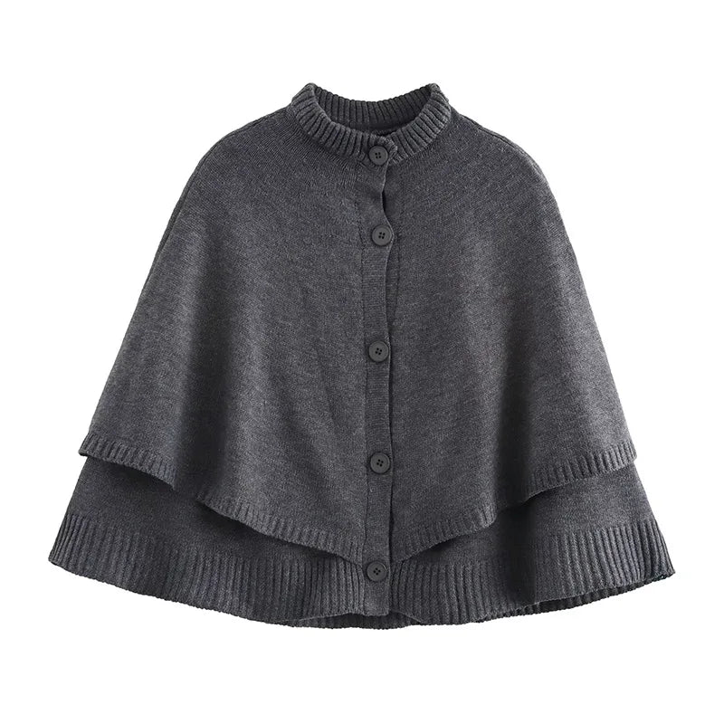 maoxiangshop - Chic Knitted Cape Cardigan Women Casual Solid Single-Breasted O-neck Sweaters Female Autumn Loose Versatile Simple Knitwear